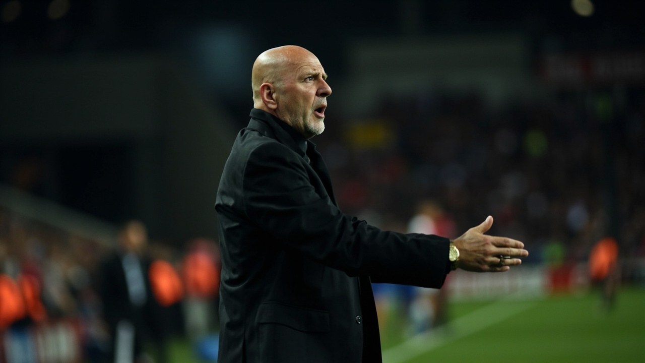 Roberto De Zerbi in a dark suit on a touchline gesturing toward the pitch in floodlit evening daylight
