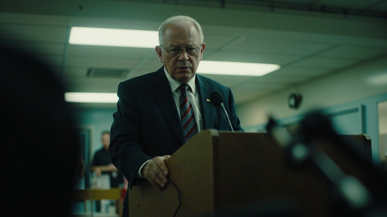Roberto De Zerbi standing at a lectern in a press room under fluorescent daylight, hands resting on the desk, looking past the cameras