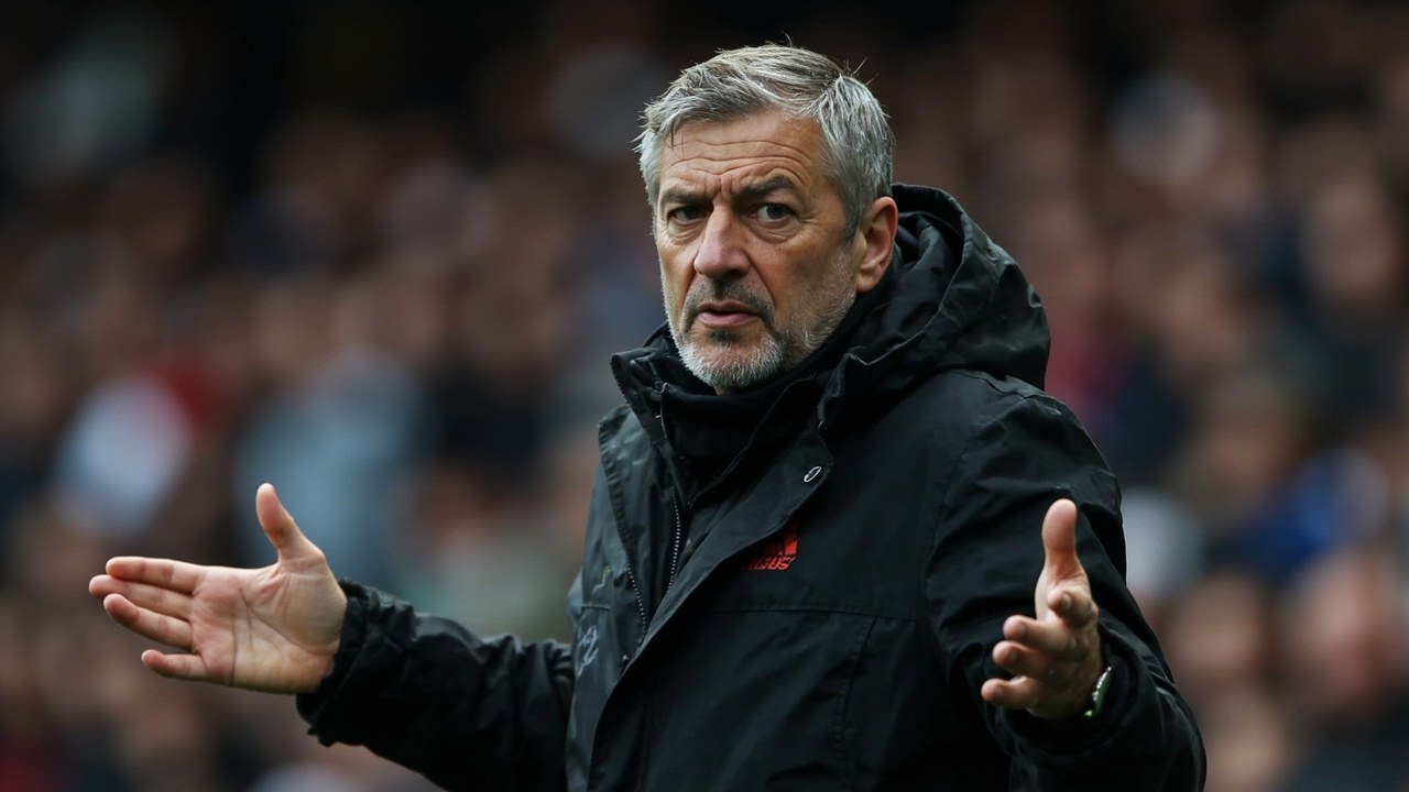 Roberto De Zerbi on the touchline at the Tottenham Hotspur Stadium, gesturing with two arms extended in daylight