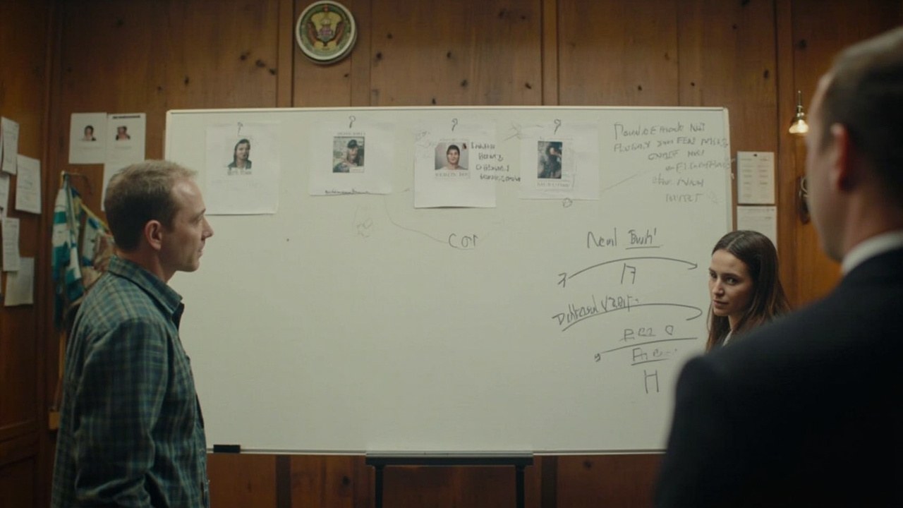 A whiteboard in a wood-panelled office covered in scouting notes, with arrows drawn between three player photographs and the words centre-back, controller and finisher circled in red under fluorescent interior lighting.