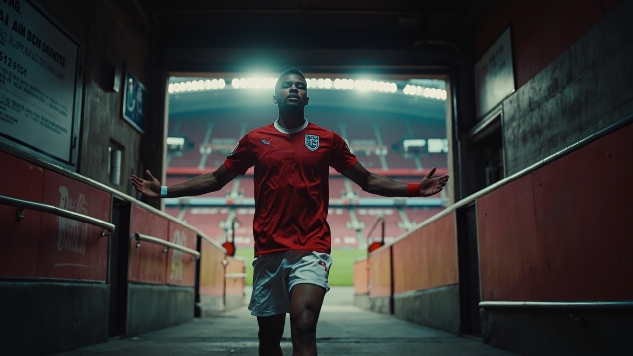 Djed Spence in England home kit, white shorts, walking down the Wembley players tunnel under floodlights, arms swinging, ahead of his senior debut