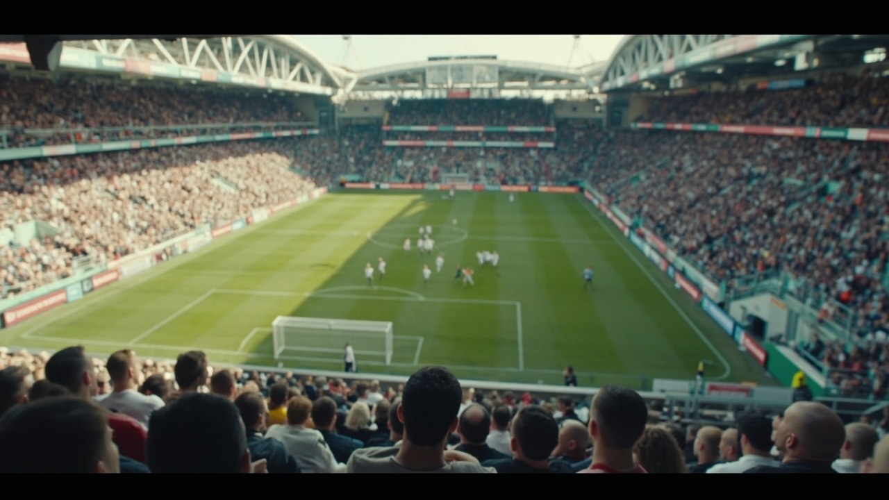 A wide view from the stands at the Tottenham Hotspur Stadium on a clear October afternoon, three attackers in white shirts pressing the opposition back line near the penalty area in daylight.