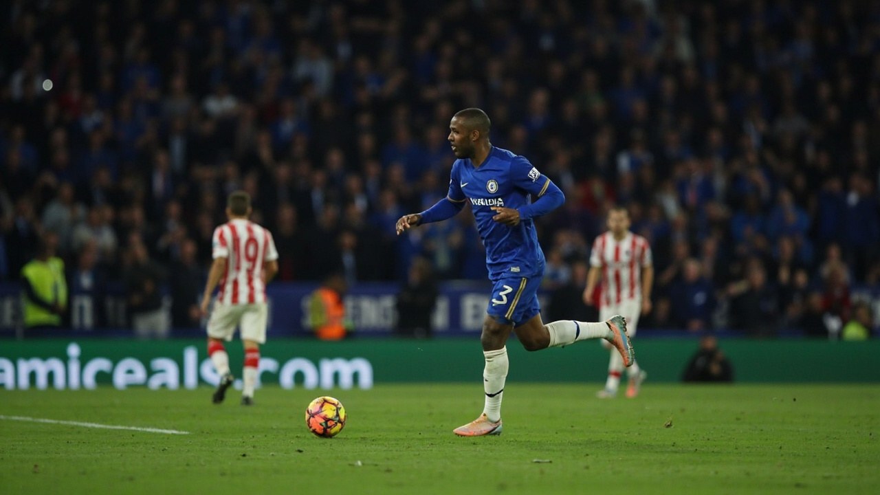 Cole Palmer in a Chelsea shirt jogging back to the centre circle after scoring a free kick at Stamford Bridge, with Arsenal defenders still on their knees in the wall in the late.