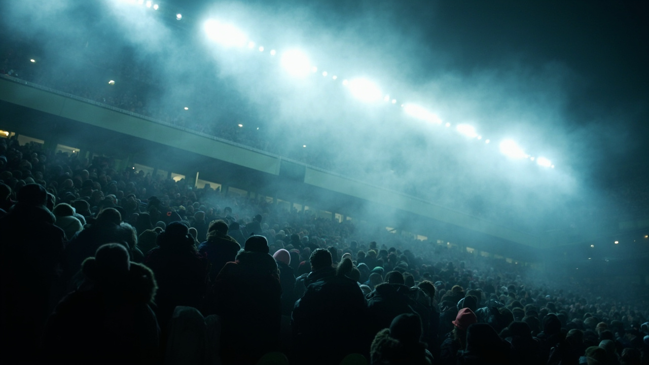 A packed away end of fans under bright floodlights on a misty European away-day night