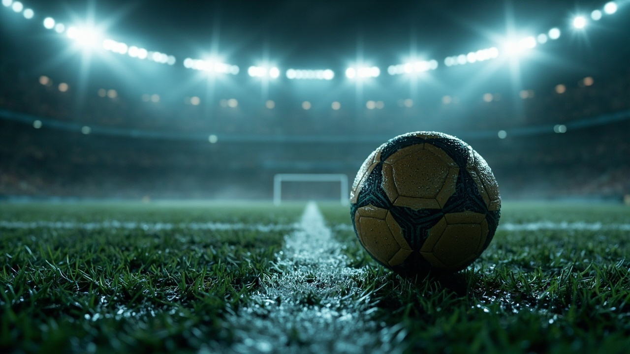 A football sitting alone on a rain-soaked penalty spot at night