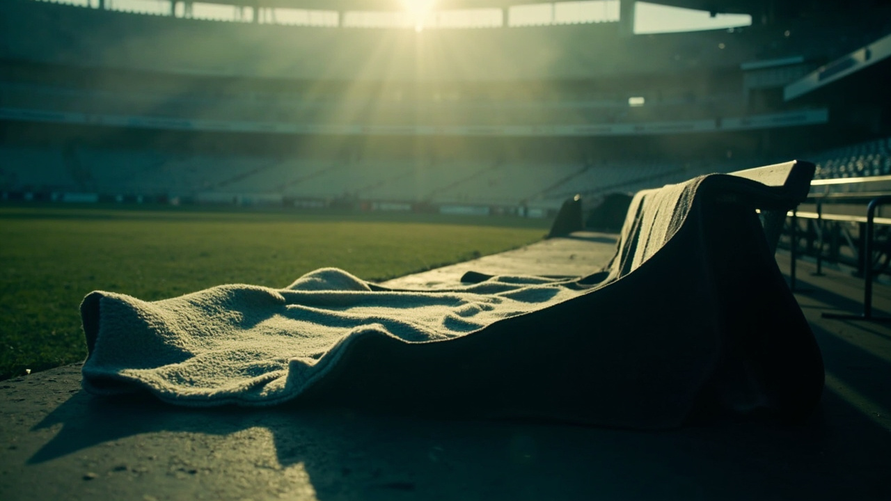An empty home team dugout bench with a single team blanket draped over it