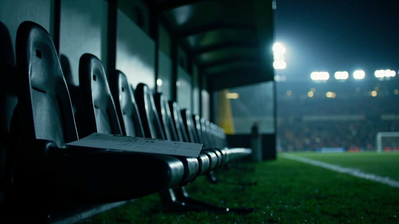 A row of empty dugout seats at night with a tactics clipboard left on one of them