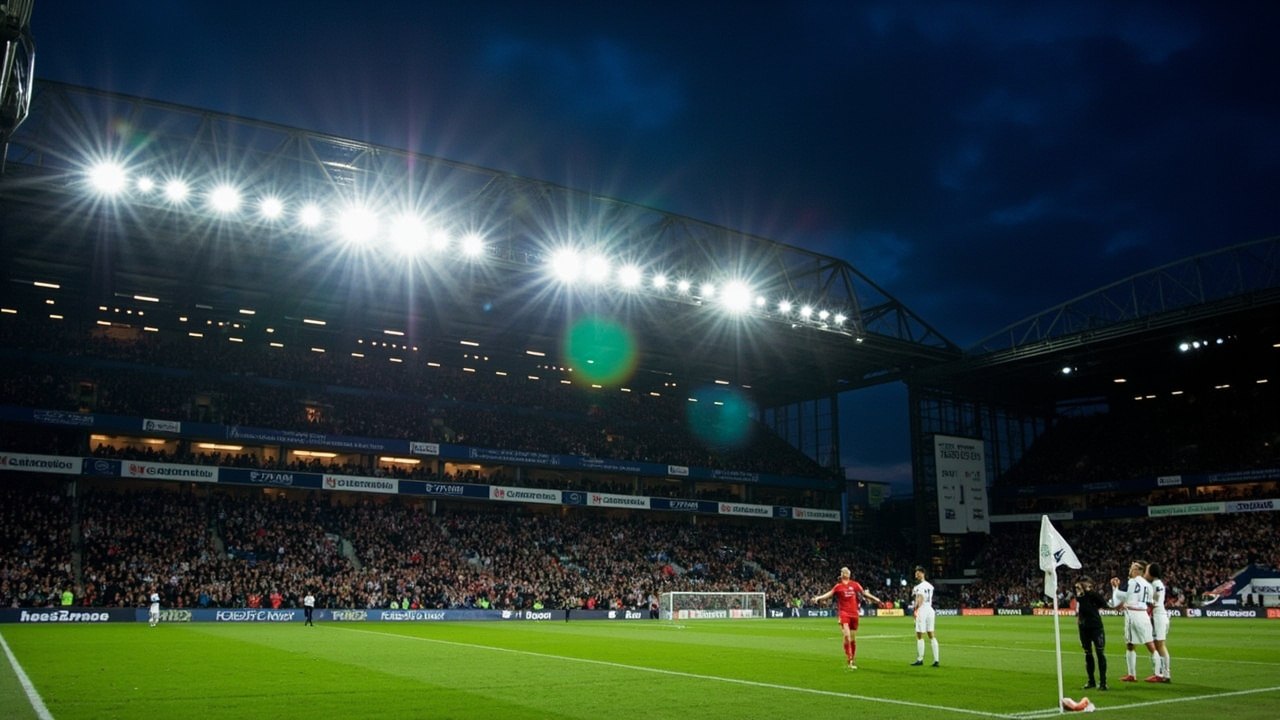 A celebration under floodlights at the Tottenham Hotspur Stadium, the South Stand packed and lit, players gathered near the corner flag