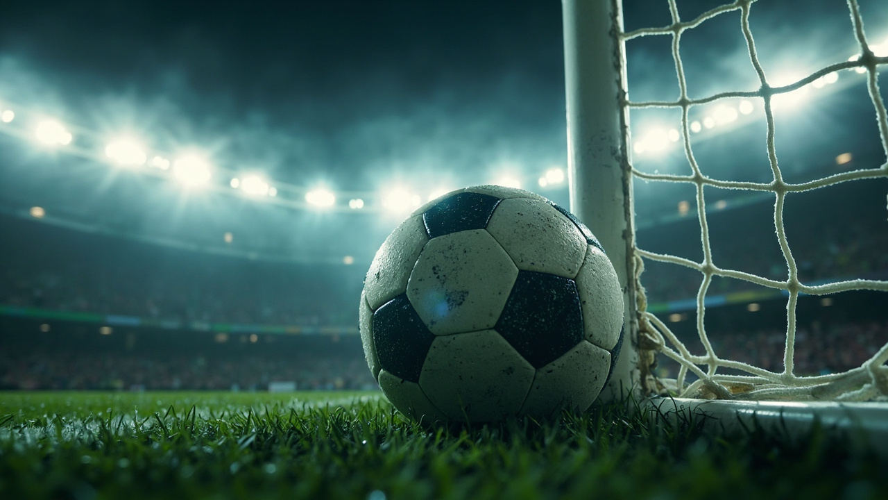 A single football resting in the back of a goal net, floodlights glowing behind