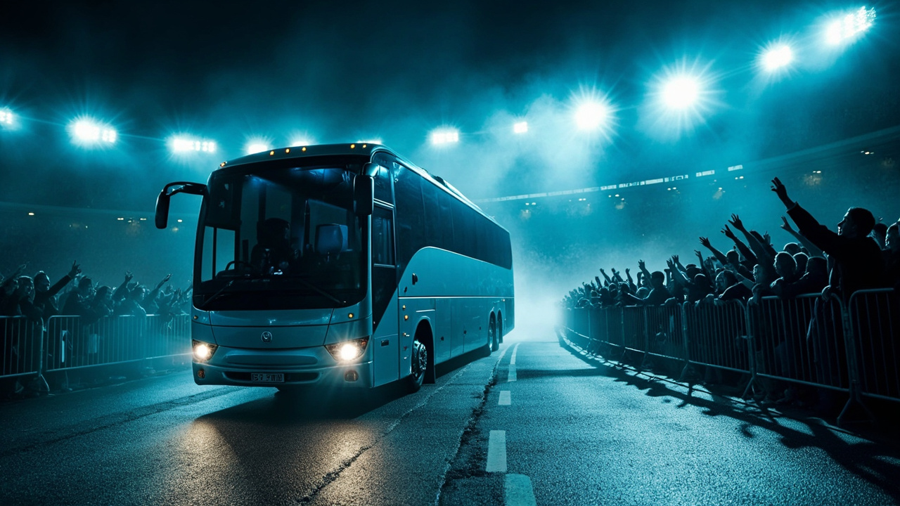 A team coach bus arriving at a floodlit stadium entrance at night, fans lining the barriers