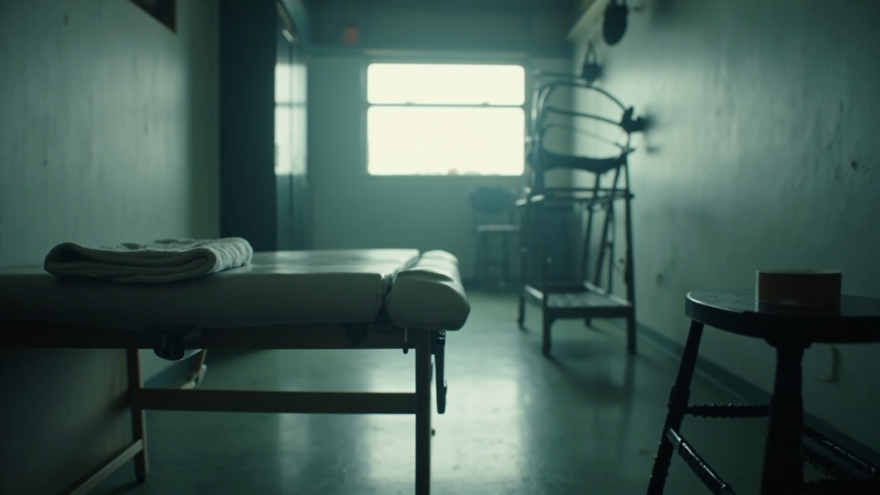 A single physio treatment table in an empty medical room with stadium light coming through a window