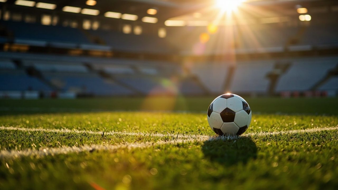 A football resting on a white pitch marking in an empty stadium, low sunlight bursting over the stand behind it
