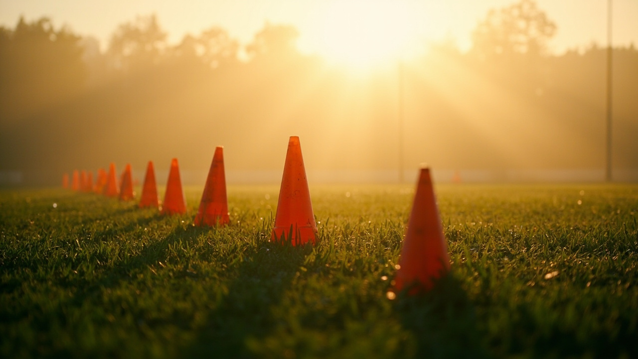 An empty training pitch at first light with a single row of marker cones laid out