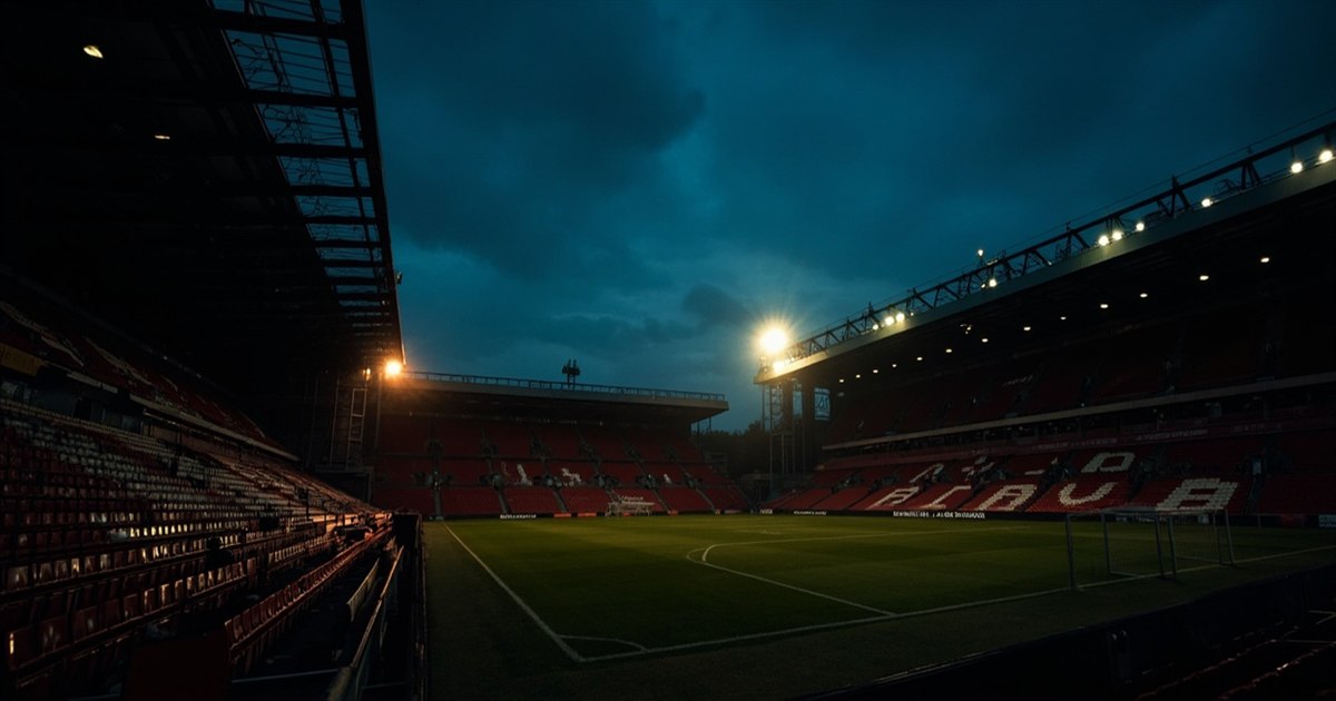 Empty Old Trafford pitch at dusk, the Stretford End in shadow and a single floodlight glowing above the centre circle