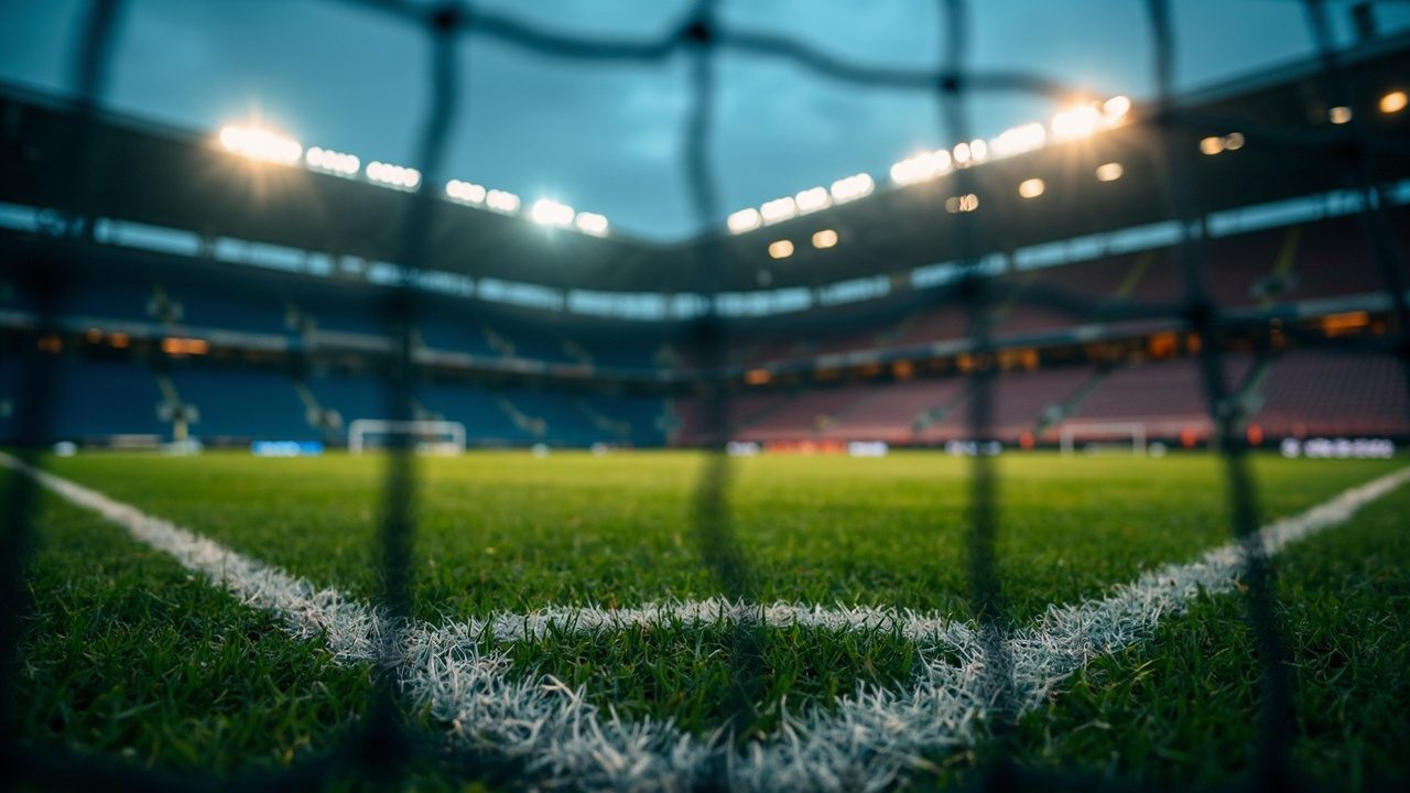 Looking through a goal net at a floodlit, empty football pitch at dusk, white six-yard box lines on wet grass in the foreground