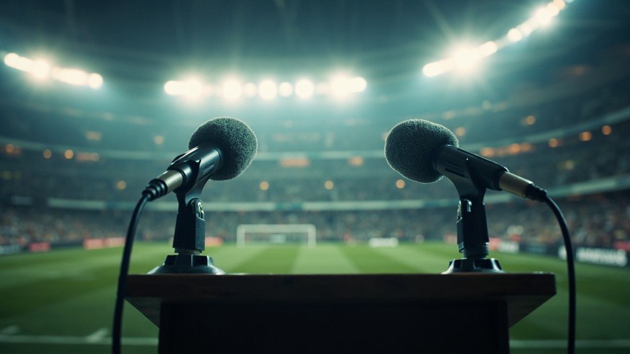 An empty press conference podium under bright broadcast lights, two microphones set and waiting