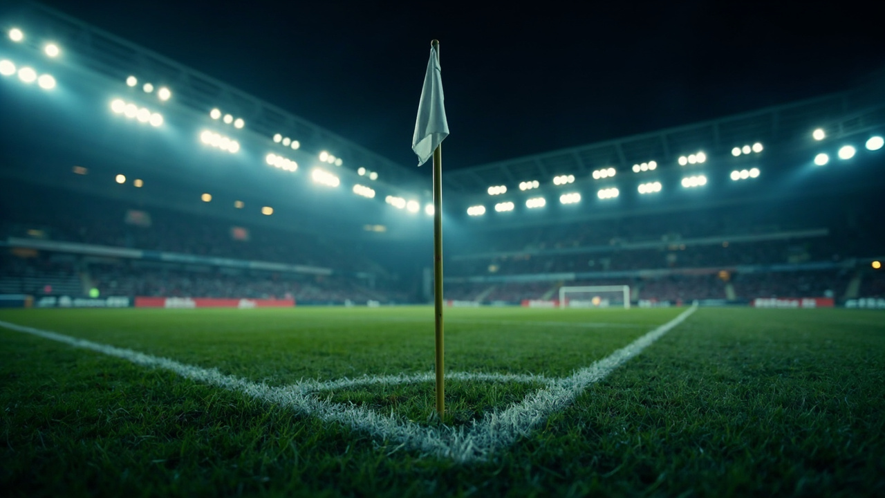 An empty right back position on a floodlit pitch, corner flag in the foreground