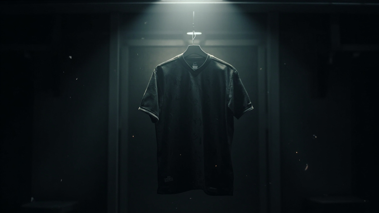 A lone team shirt hanging on a peg in an empty away dressing room, dramatic single light source