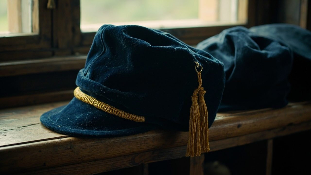 A plain dark blue velvet football cap with a gold tassel resting on an old wooden shelf by a window, a second cap behind it