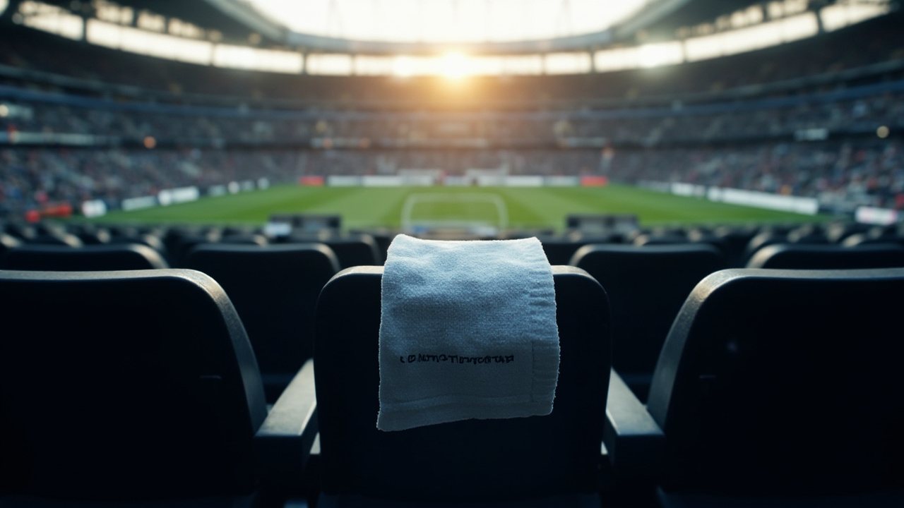 A white captain's armband draped over the back of an empty stadium seat, the bowl of the Tottenham Hotspur Stadium lit and out of focus behind it, evening light