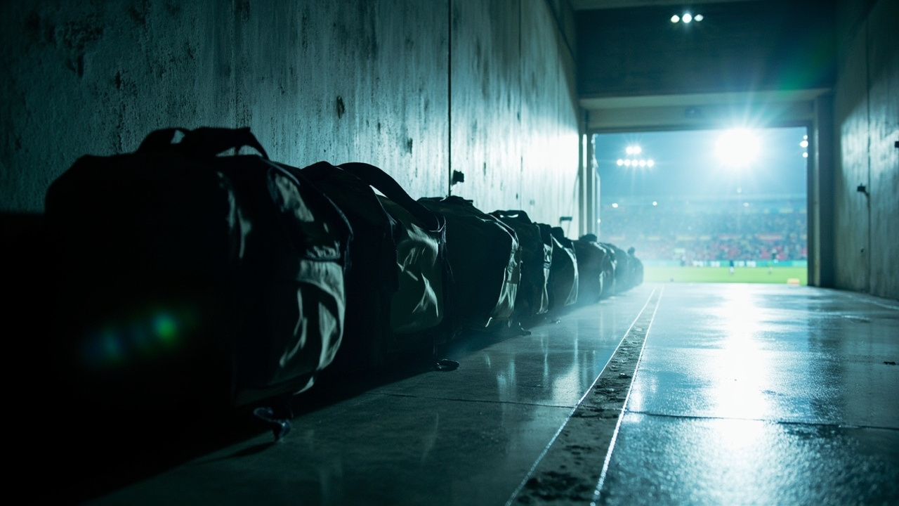 An empty stadium tunnel at night with team kit bags lined up against the wall