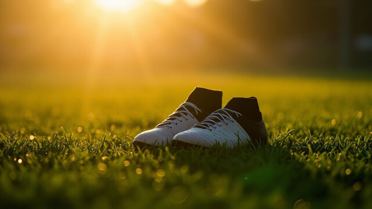 A single pair of football boots laid out neatly on a training ground pitch at dawn