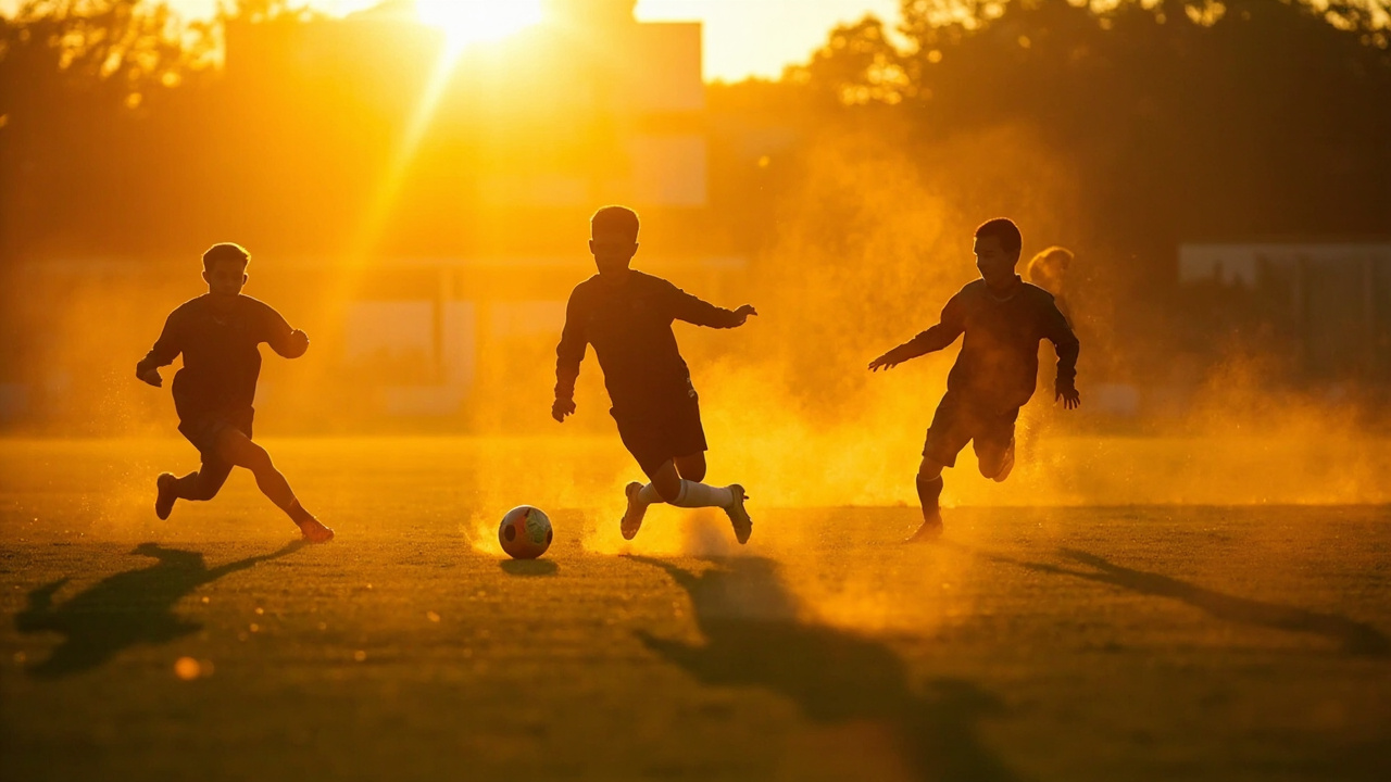 Silhouettes of young players training on a pitch at golden hour