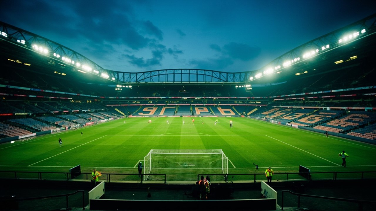 A view of the Tottenham Hotspur Stadium from the South Stand on a clear evening, the bowl lit, the seats empty, the pitch under floodlights