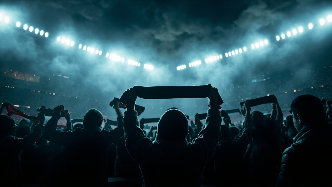 Silhouettes of fans holding scarves aloft under a stormy floodlit sky