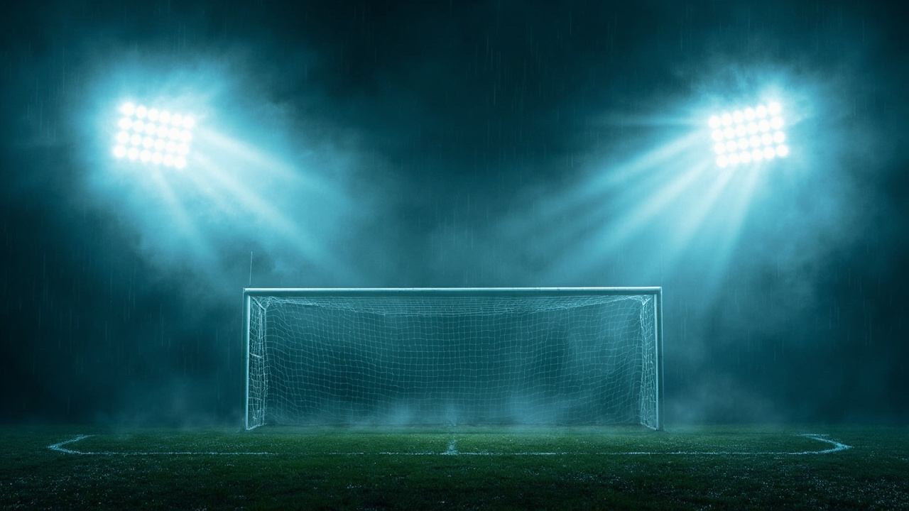 An empty goal frame glowing under floodlights on a misty match night