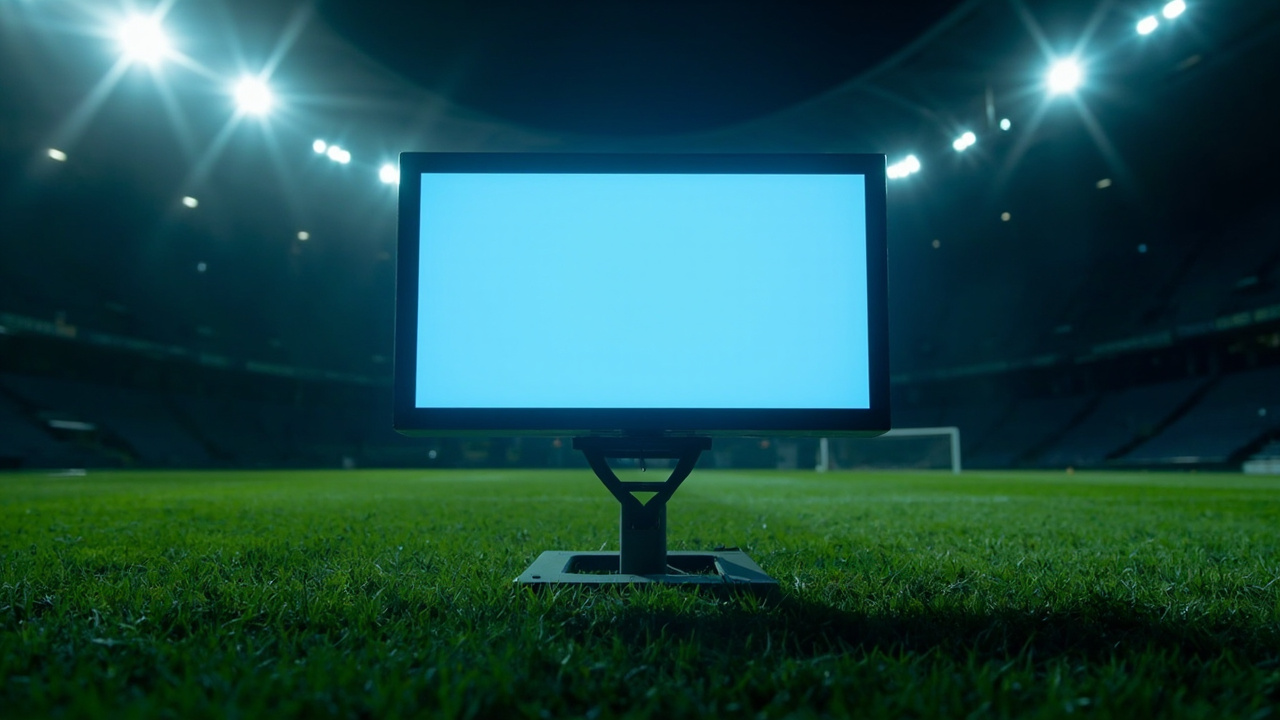 A pitch-side video review monitor glowing in the dark on an empty touchline under stadium floodlights
