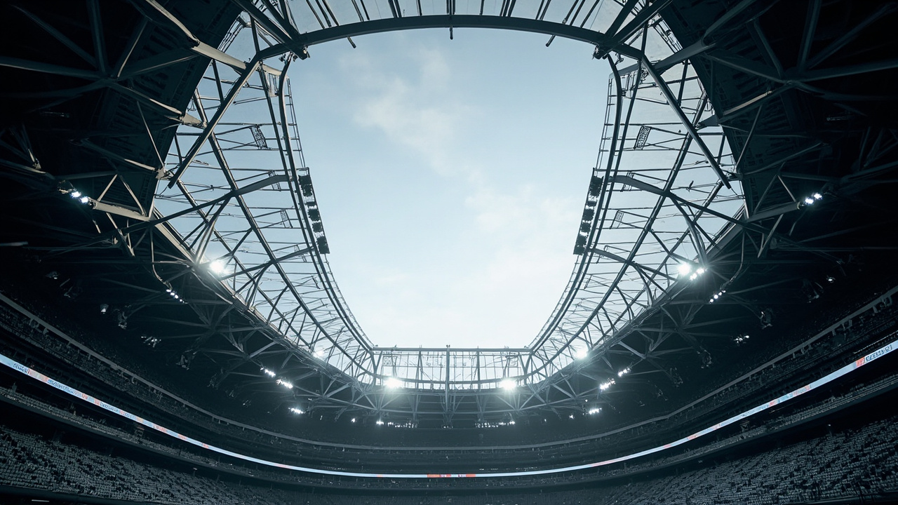 A dramatic upward view of a modern stadium roof structure from inside an empty seating bowl