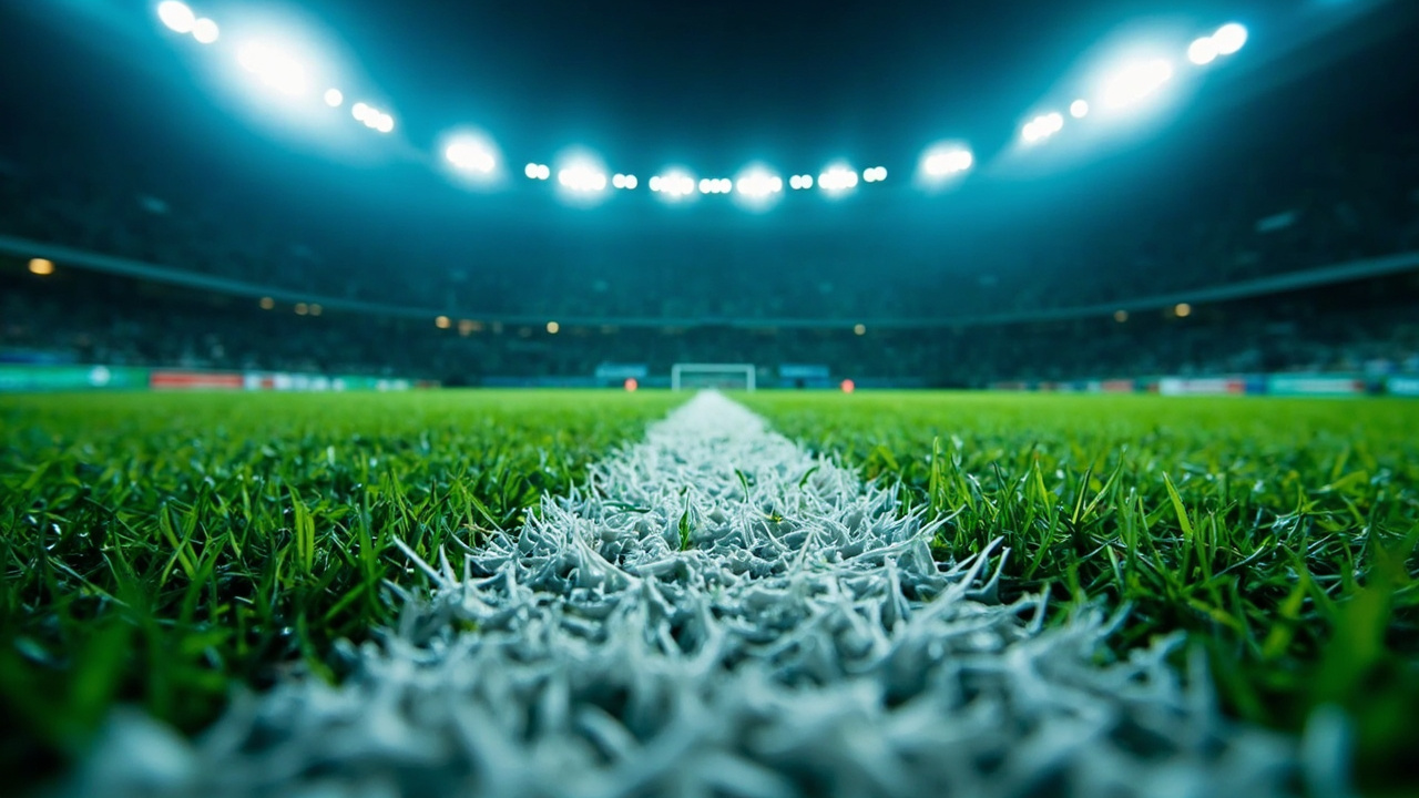 Freshly painted pitch lines under stadium floodlights before kickoff