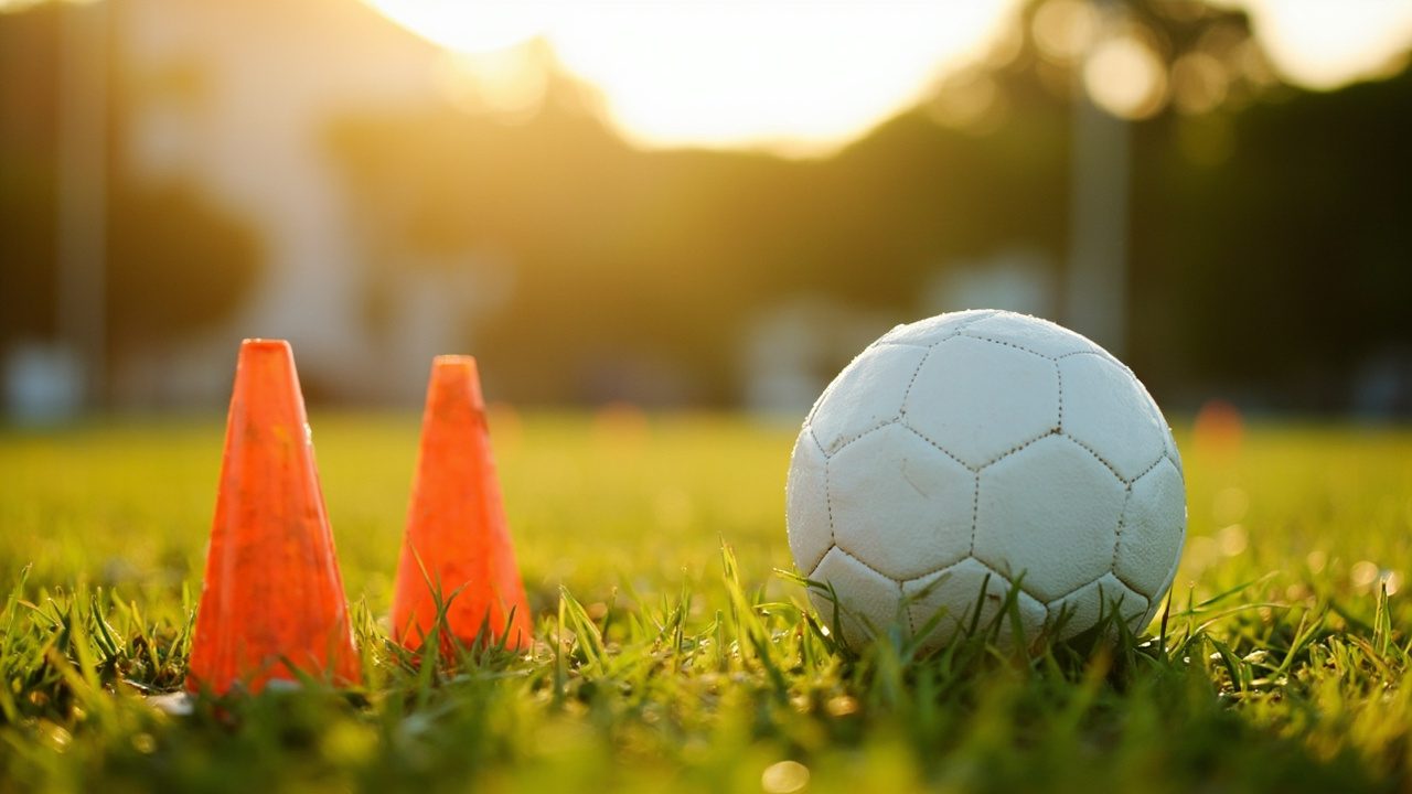 A white football resting on dewy grass beside two orange training cones, with soft dawn light behind