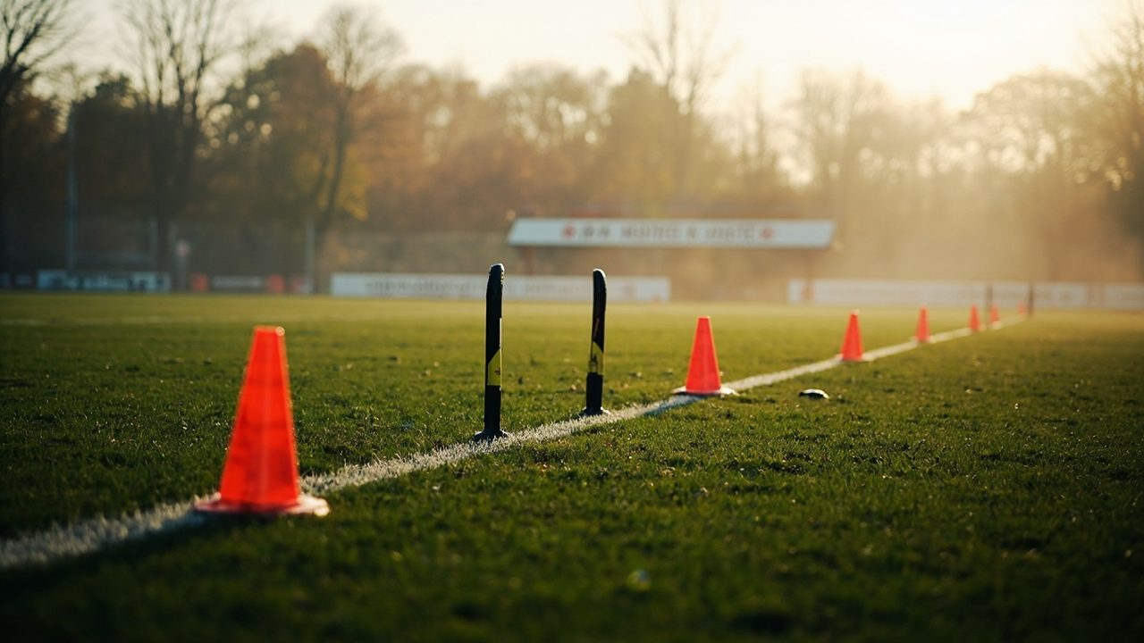 Orange marker cones and low hurdles laid out on an empty training pitch on a misty autumn morning