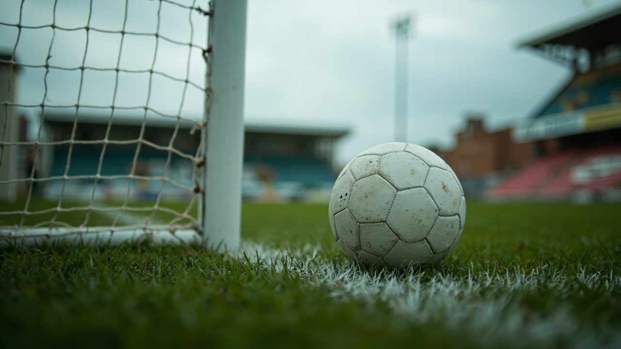 A scuffed white football resting on a white goal line beside a goalpost, the net to one side and a blurred, empty stand behind under grey cloud