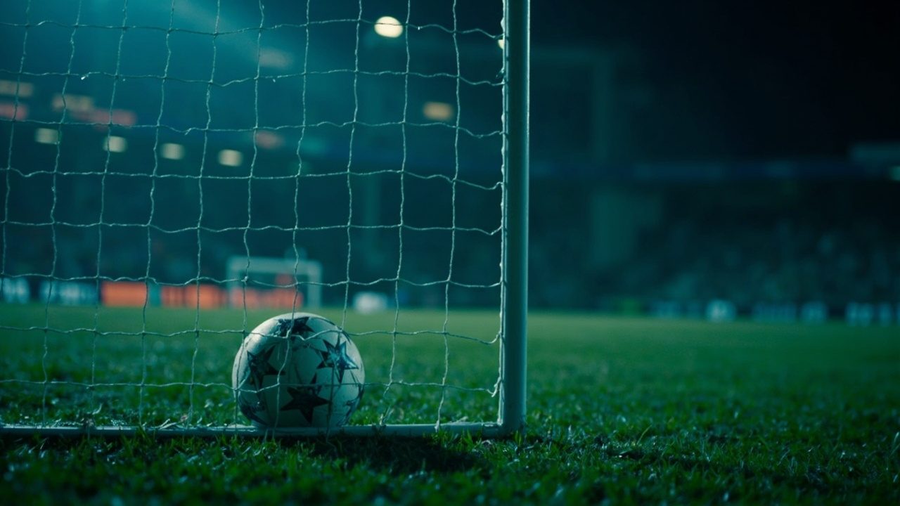 A football lying in the back of a white goal net on wet grass under floodlights at night