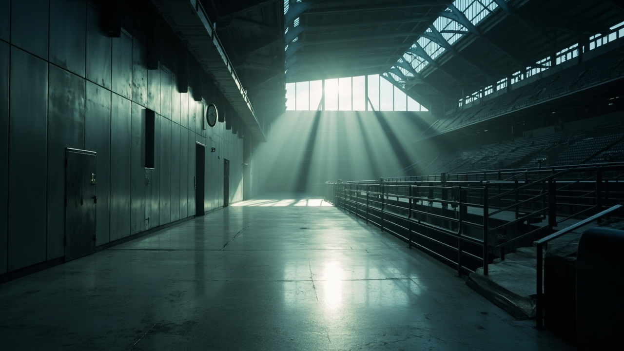 An empty stadium concourse very early in the morning with a single large clock visible on the wall