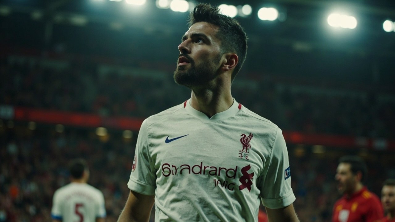 A defender in white kit walking off the pitch under floodlights after a Premier League match in cool autumn daylight