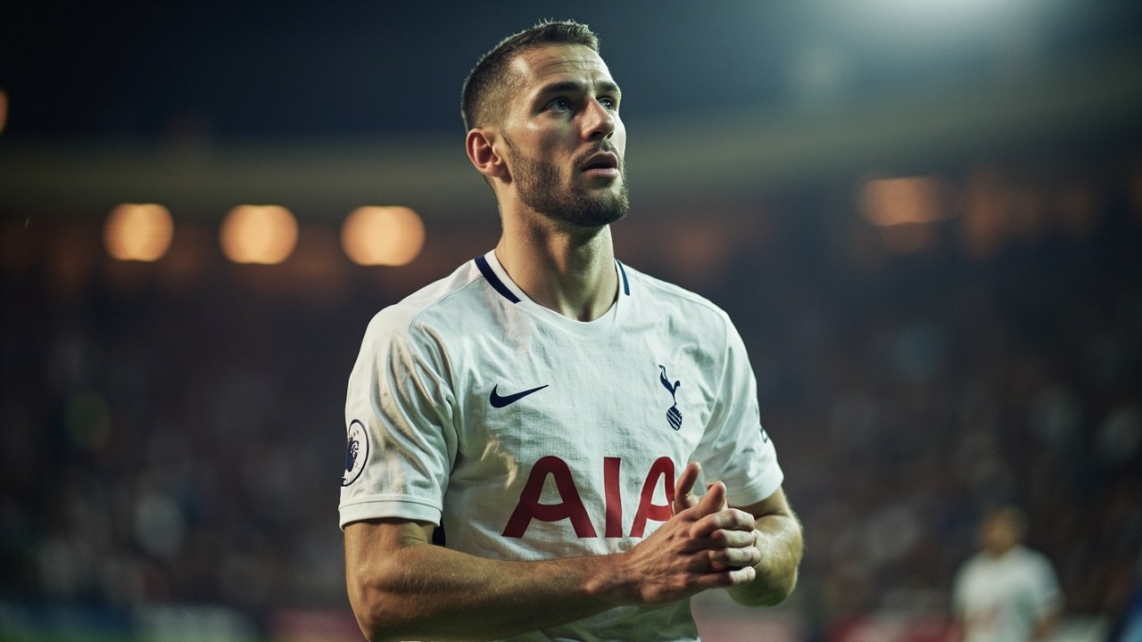 Xavi Simons in a lilywhite shirt under the floodlights at the Tottenham Hotspur Stadium on a clear evening kickoff
