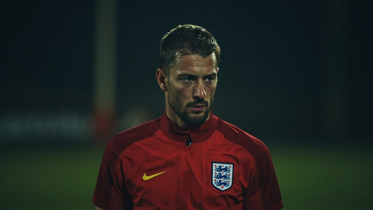 Djed Spence in an England training kit during a warm-down at St George's Park under floodlight