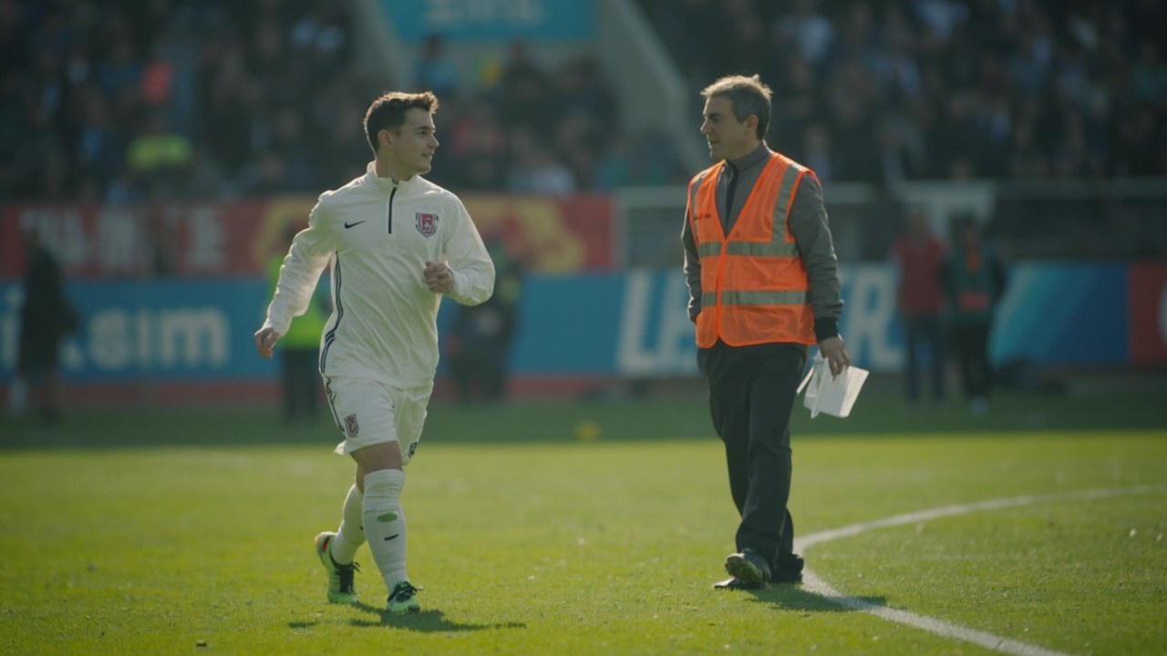 A young footballer in a white training kit jogging along the touchline at an open training session, a steward in a hi-vis vest clapping in the foreground, autumn daylight