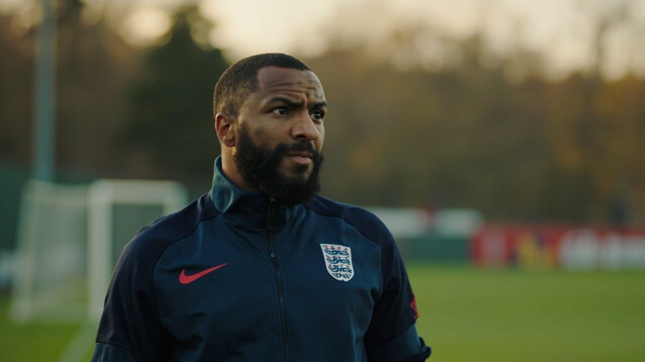 Djed Spence in a navy England training top on the pitch at St George's Park in soft autumn daylight, with the coaching staff visible in the background.