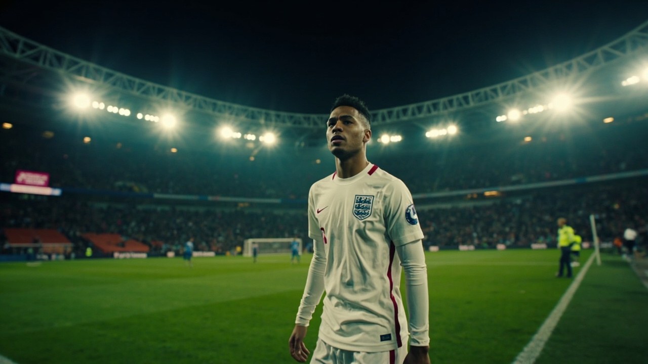 Footballer in white England kit walking off the Wembley pitch under floodlights with a national flag in the background