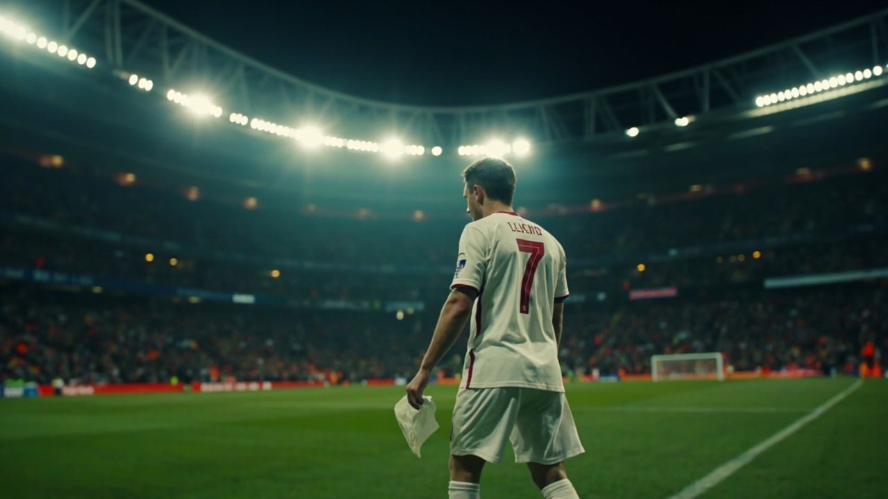 A right back in a white England away shirt walks off the Wembley pitch at night with floodlights still on behind him