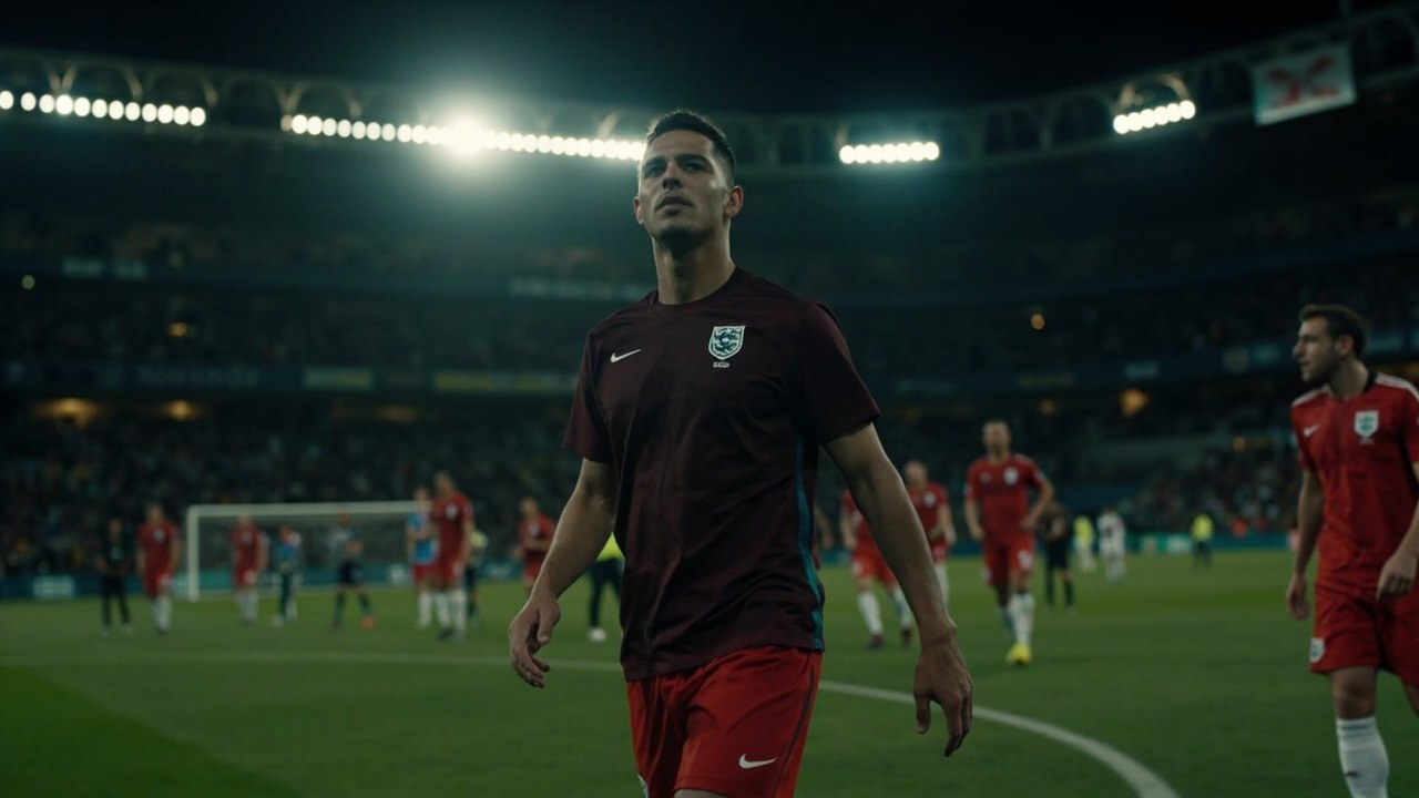 Djed Spence walking off the pitch at full time under Naples floodlights with the England crest visible on the training kit and the Maradona stand in the background