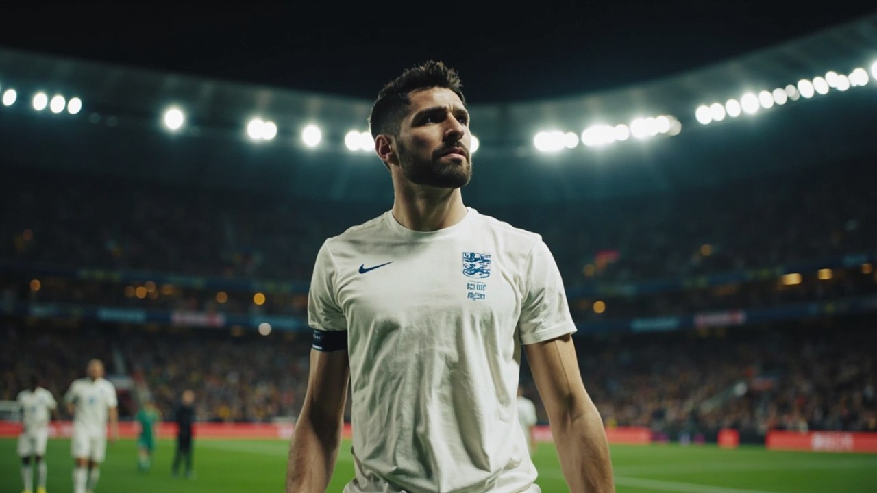 Djed Spence in the white England away kit walking off the Wembley pitch under floodlights after a friendly in October 2026