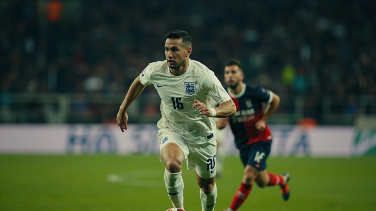 A football player in a white England shirt running with the ball on a green pitch under floodlights, with a defender in maroon chasing from behind at Wembley Stadium in autumn daylight.