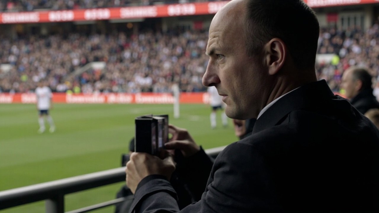 A Spurs player on the touchline at St James' Park with the away end in daylight behind him