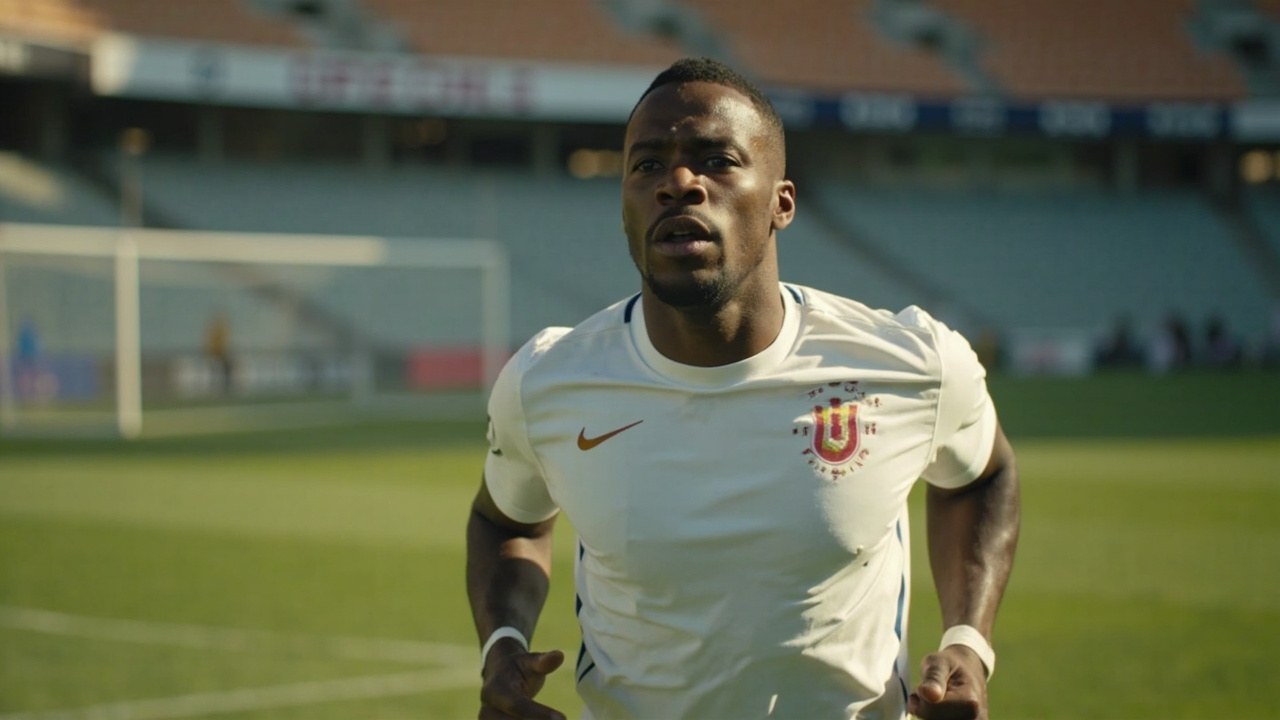 A player in a white training top jogs along the touchline in late afternoon daylight with the lower tier blurred behind him